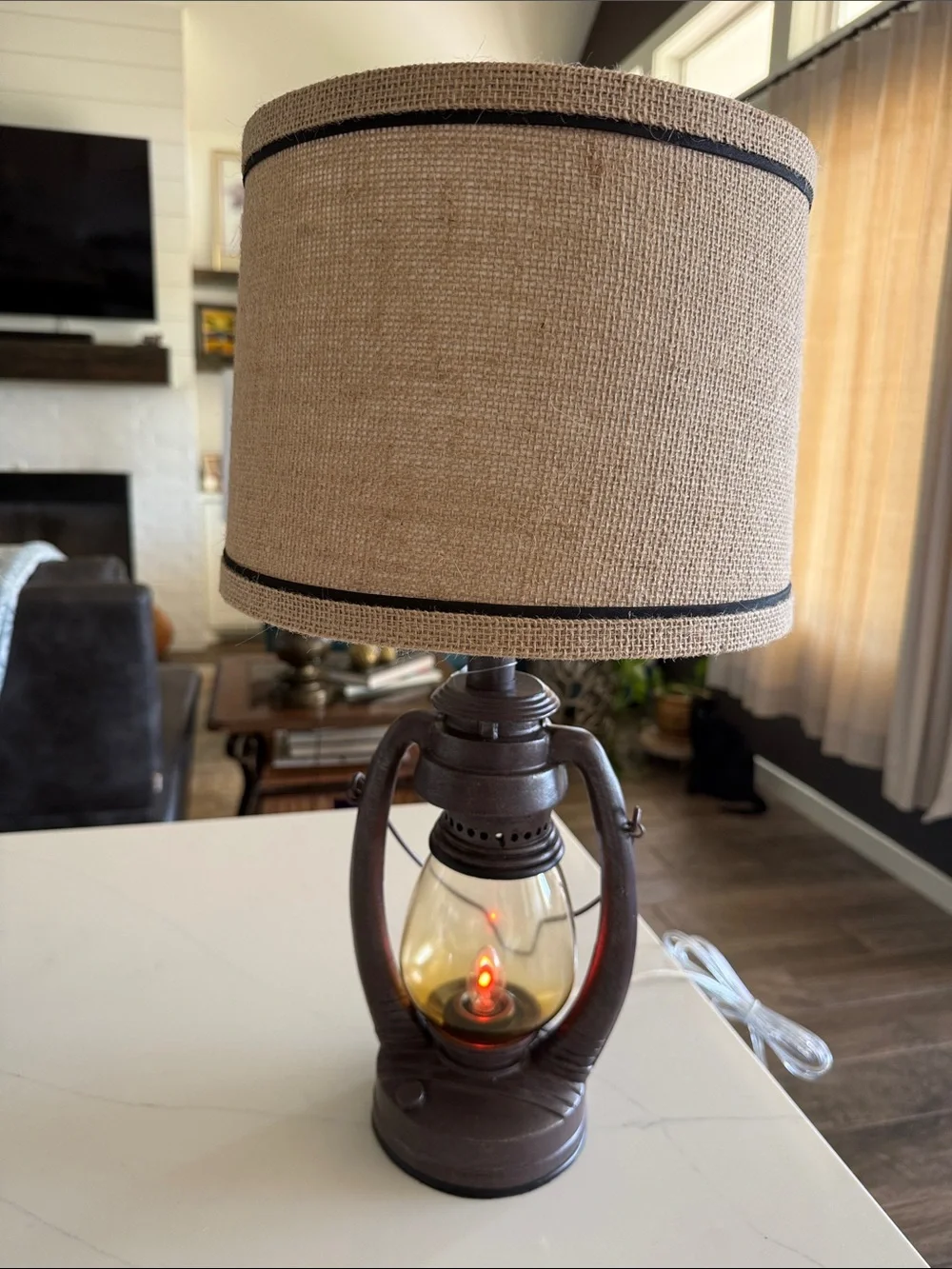 Vintage Rustic Brown Lantern Table Lamp with Beige Burlap Shade